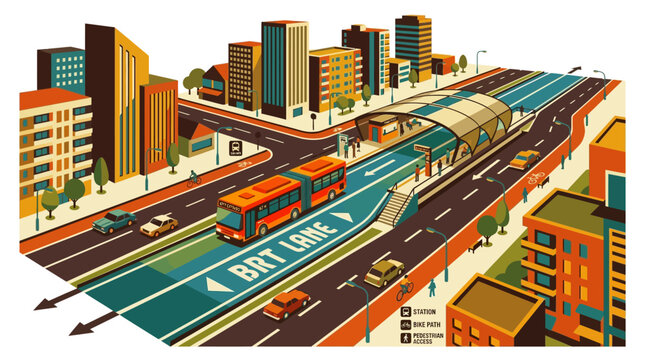 Modern City BRT Bus Lane with Station and Traffic - Urban Transportation Illustration