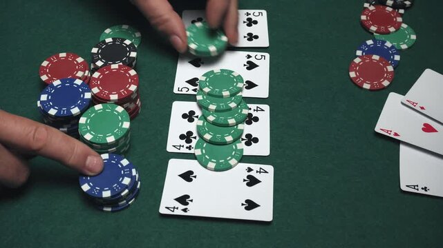 Hands placing blue and green poker chips on a table with playing cards showing pairs of fours and fives in a competitive card game setting
