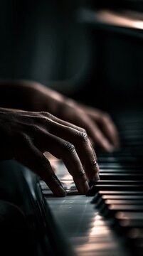 Close-up of hands playing piano keys at high speed during an expressive musical performance. Dynamic motion captures passion, skill, rhythm and the artistry of a professional pianist.