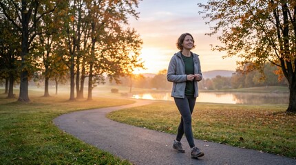 Obraz premium Woman walking on a path in a park during a misty autumn sunrise with colorful trees and a lake