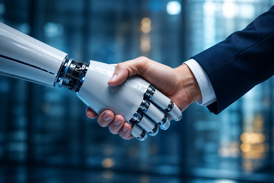 Primer plano de un apret&oacute;n de manos entre un empresario y un robot humanoide como concepto de colaboraci&oacute;n tecnol&oacute;gica