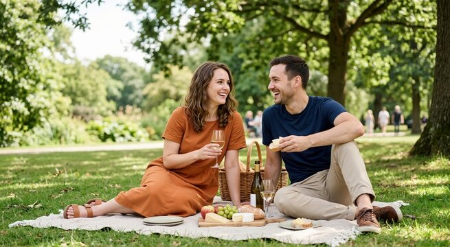 Laughing couple enjoying a picnic with wine in a sunny park. Happy man and woman sitting on a blanket with cheese and fruit. Romantic outdoor leisure concept