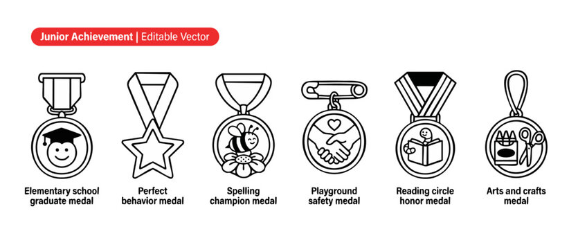 School award medal vector icons set for elementary student achievement including graduation, behavior, spelling, safety, reading, arts and crafts badges, celebrating classroom success and pupil reward