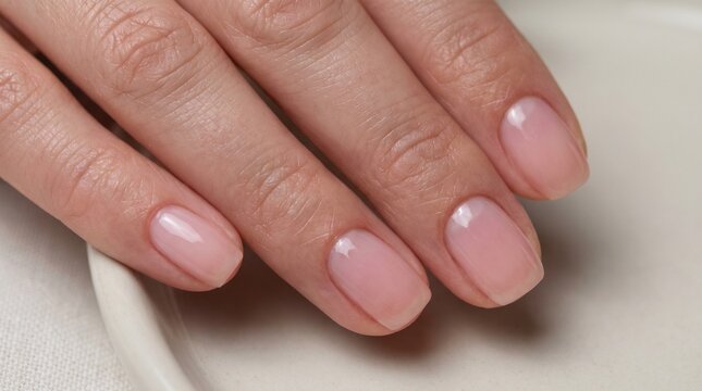 Close up view of a woman hand showing perfectly manicured fingernails with a clean soft pink glossy polish finish on natural rounded shaped nails providing a very elegant aesthetic appearance for beau