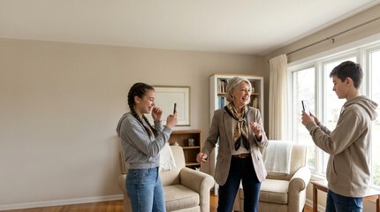Obraz premium Grandmother and grandchildren taking photos with smartphones in a living room