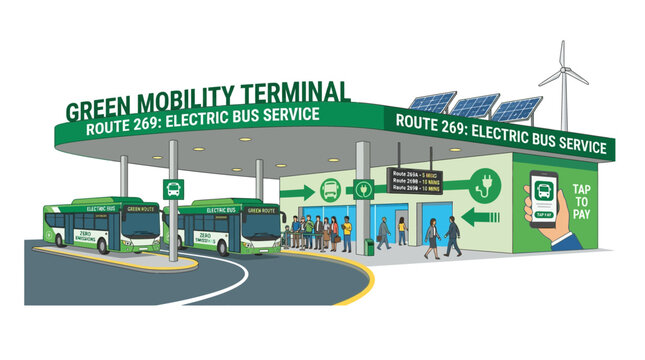 Green Mobility Terminal: Electric Bus Service with Solar Panels and Wind Turbine