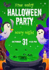 Witch's cauldron with green slime potion, Halloween night party flyer. Halloween party banner. Horror celebration vector flyer with ghosts cartoon characters, boiling potion, spiderweb and candle © Seavector
