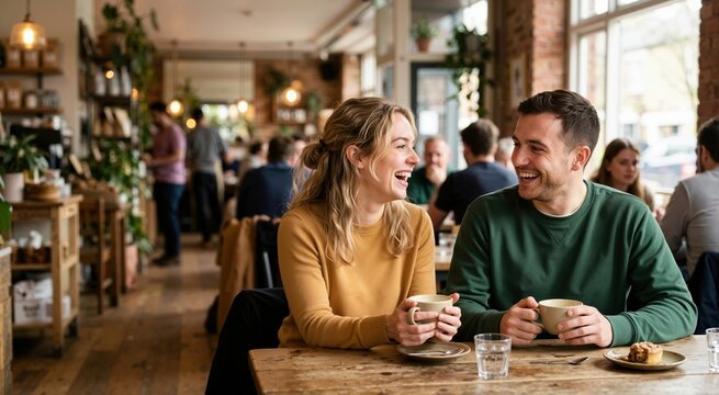 Happy couple laughing and drinking coffee in a busy cafe. Smiling man and woman having a fun conversation on a casual date. Social interaction and lifestyle concept