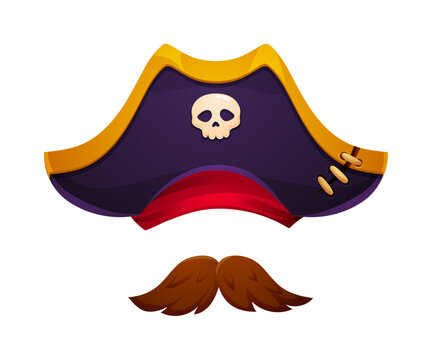 Cartoon pirate sailor tricorn hat and mustaches photo booth mask. Filibuster skipper kid photo booth sticker, corsair sailor carnival vector costume element. Pirate bandit party prop with medieval hat