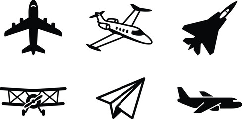 Airplane Icon Set with Commercial Airliner Private Jet Military Fighter Biplane Paper Plane and Cargo Aircraft Silhouettes for Aviation Travel and Transport Designs © MdMahfuj