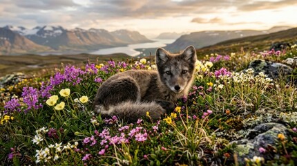 Obraz premium Arctic Fox Resting Amidst Wildflowers with Mountainous Landscape Background.