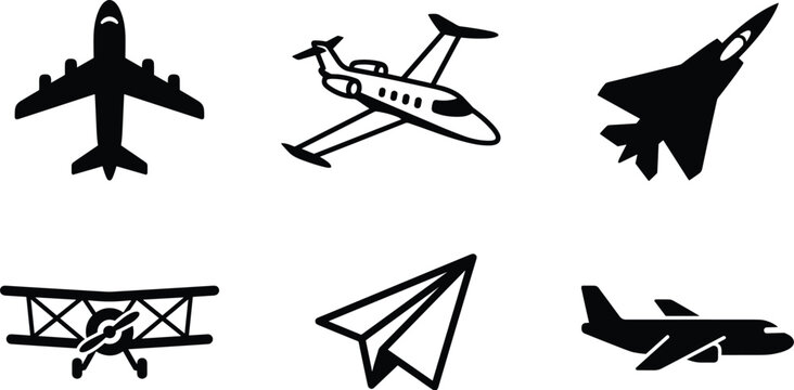 Airplane Icon Set with Commercial Airliner Private Jet Military Fighter Biplane Paper Plane and Cargo Aircraft Silhouettes for Aviation Travel and Transport Designs