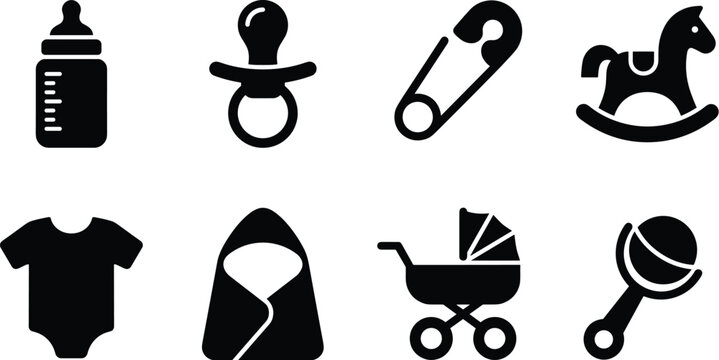 Baby Care Icon Set with Feeding Bottle Pacifier Safety Pin Rocking Horse Onesie Blanket Stroller and Rattle Symbols for Newborn Infographic Web UI Designs