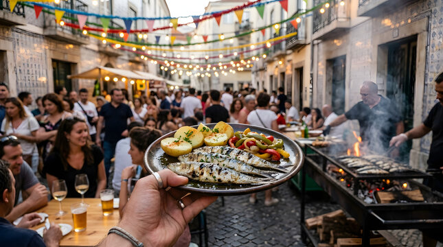 Grilled sardines served on a plate during a street festival in lisbon