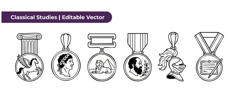 Classical studies vector icons set featuring ancient history medals with Greek column, roman emperor, egyptian sphinx, philosopher Socrates, knight helmet, and writing tablet for education design layo