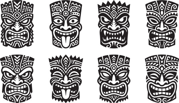 Tiki masks collection featuring traditional Polynesian tribal carvings in black and white vector graphic style