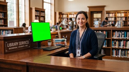 Fototapeta premium Friendly female librarian sitting at the library service desk with a green screen computer monitor.