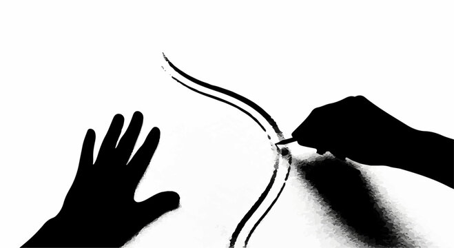 Close-up of hands drawing a flowing line on a white surface, symbolizing creativity and art.