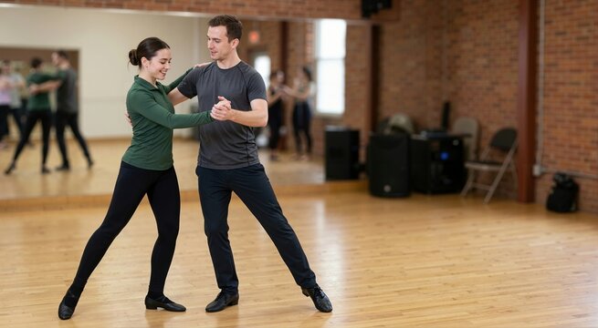 Couple practicing ballroom dance in a studio. Man and woman learning steps together during a dance lesson. Active lifestyle and hobby concept