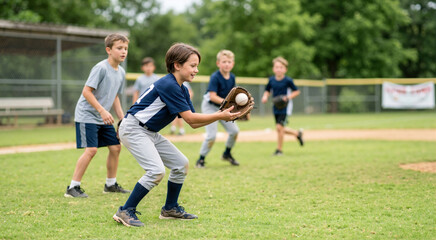 Fototapeta premium Young boy catching a baseball in his glove on a grassy field. Kids playing defense at summer sports camp