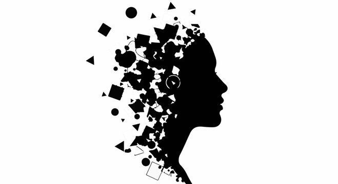 Silhouette of a woman's head disintegrating into geometric shapes, symbolizing transformation and change.