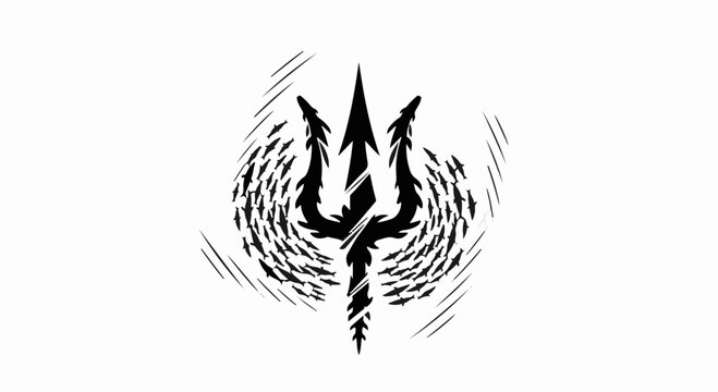 Mystical trident symbol surrounded by swirling school of fish, representing ocean power and unity