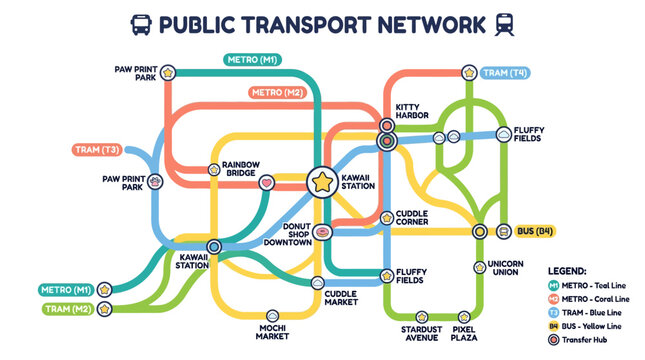 Public Transport Network Map - Metro, Tram, Bus Routes