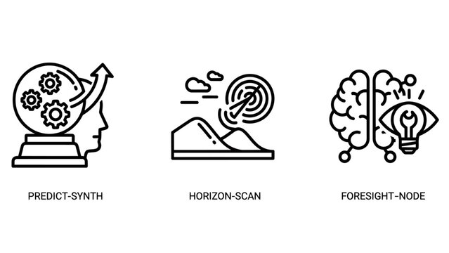 Business foresight and strategic planning icon set featuring data analysis horizon scanning intellectual insight concepts in a clean outline style foresight strategy business analysis