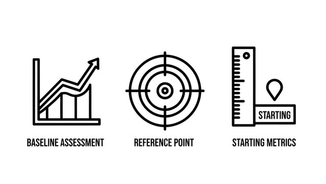 Baseline assessment reference point starting metrics icons set representing performance benchmarking and initial measurement tools in outline style with baseline assessment reference benchmarking