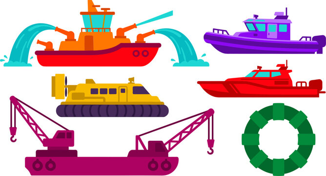 Emergency Maritime Service Boat Vector Icon Set Featuring Fireboat Spraying Water Hovercraft Crane Vessel Patrol Speedboat and Lifebuoy Ring Designs