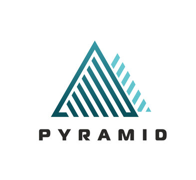 Triangle pyramid icon or mountain symbol. Accounting firm pyramid isolated vector emblem, business company triangular shape symbol. Abstract triangle sign or graphic mountain icon with typography
