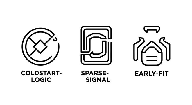 Set of abstract technical icons showing coldstart logic sparse signal and early fit mathematical concepts with machine learning artificial intelligence coldstart algorithms modeling statistics