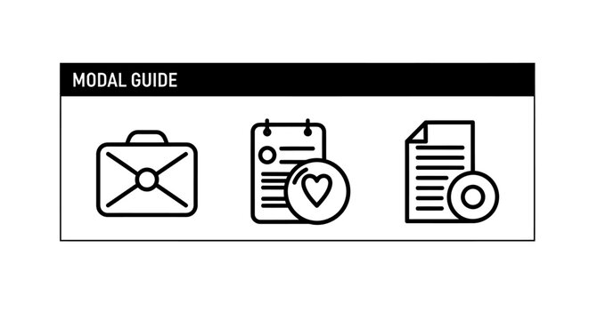 Modal guide icons set illustrating business and data concepts with business interface briefcase calendar favorite document navigation information tutorial presentation corporate management