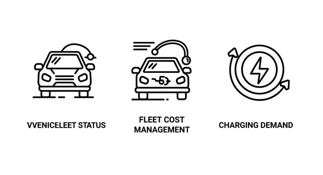 Electric vehicle fleet management and charging station demand logistics line icons with electric management charging logistics transport electricity transportation technology automation