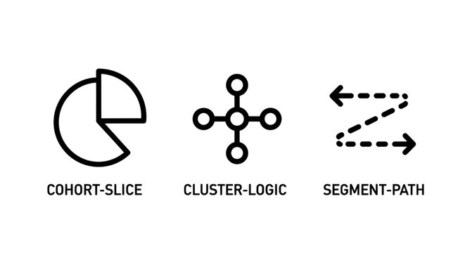 Data cohort slice cluster logic and segment path flowchart icons with flowchart analysis statistics information structure algorithm mathematics connectivity workflow visualization analytics