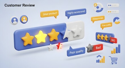 Obraz premium Stars representing a customer review rating float alongside speech bubbles containing feedback text on a light blue background.