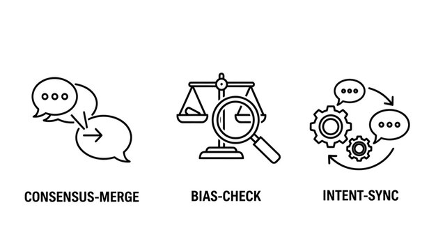Consensus merge bias check and intent sync infographic icons with consensus communication agreement collaboration analysis weighing magnifying settings processing strategy decision business