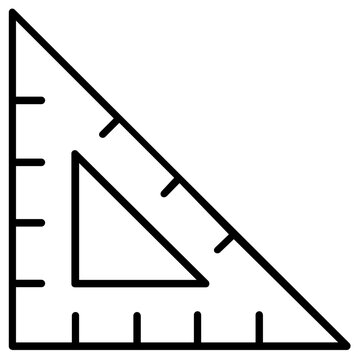 Vector illustration of a triangular geometry drafting ruler line icon showing a right-angled triangular ruler used by architects and students to draw lines at precise angles in simple vector style.