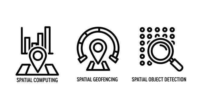 Set of spatial computing icons for geofencing and object detection with computing geofencing detection technology location tracking analysis augmented navigation positioning infrastructure