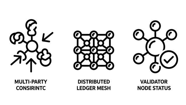 Blockchain and distributed network technology icons with consensus ledger validator nodes blockchain distributed consensus validator technology decentralized connection security transaction