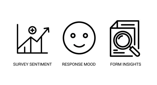 Customer feedback and survey analysis icons including sentiment response mood form insights with sentiment response insights feedback analysis customer satisfaction magnifying research