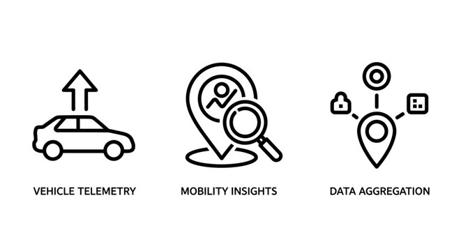 Automotive data analytics icons for vehicle telemetry and mobility insights with telemetry mobility insights aggregation tracking navigation transportation technology analytics location