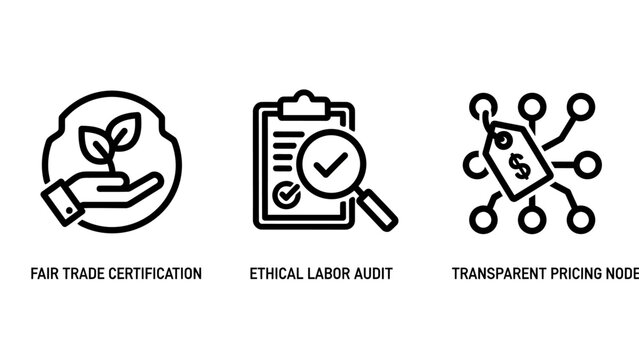 Fair trade certification ethical labor audit transparent pricing icons with supply chain magnifying glass check mark dollar sign ethical business responsible sourcing ethical consumerism