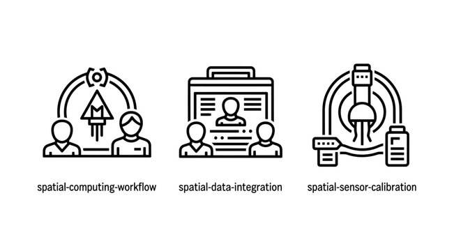 Technical icons for spatial computing workflow data integration sensor calibration processes computing workflow integration calibration technology engineering technical innovation
