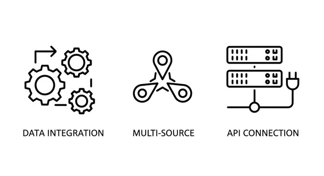 Data integration and api connection digital infrastructure line icons with integration connection location technology computing infrastructure information development programming software