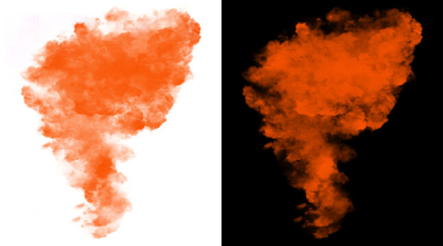Orange smoke plume isolated on white and black backgrounds, vibrant fire smoke texture, abstract colorful vapor cloud for design overlays
