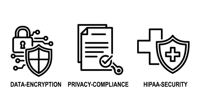 Data security and regulatory compliance icon set with encryption compliance security protection cybersecurity regulation information document checkbox technology business confidential
