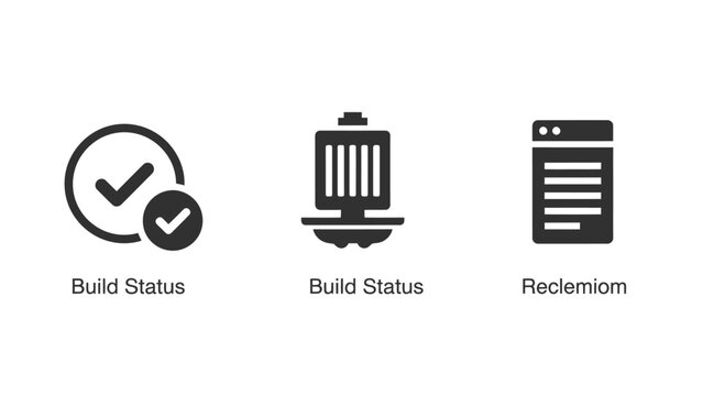 Development build status and system processing icons with processing progress completion development software engineering automation deployment infrastructure technology computing operation