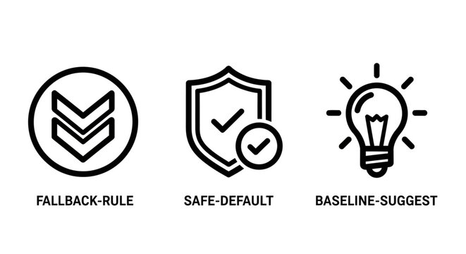 Set of icons representing fallback rule safe default baseline suggest options fallback baseline security lightbulb interface business abstract management standard guideline settings