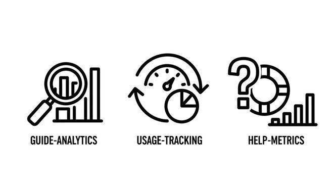 Business analytics icons for guide analytics usage tracking help metrics with analytics tracking magnifying question speedometer business statistics analysis research performance software